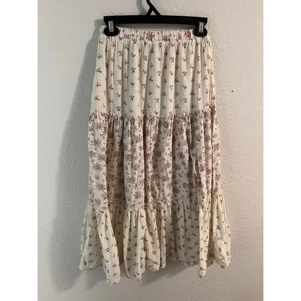 Cream Floral Tiered Maxi Skirt XS Cottagecore Prairie Coquette Y2K Ditsy Boho